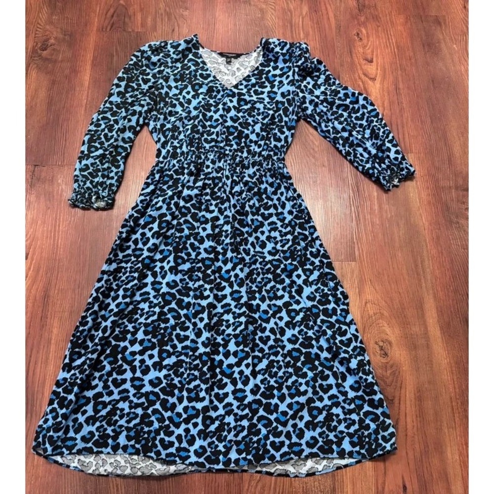Banana Republic Midi Dress XS Blue Excellent Leopard Print V-Neck Smocked Waist